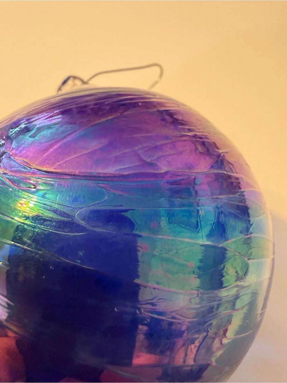 Iridescent Blue Glass Christmas Bauble Ornament Medium Swirl Stripe Hanging
